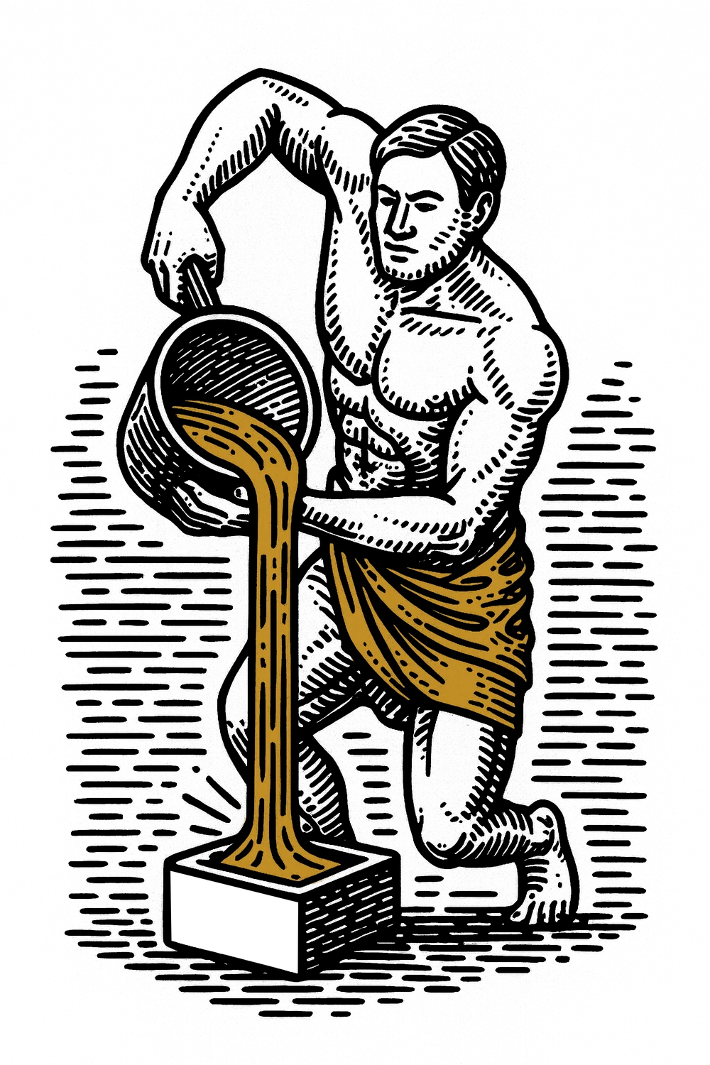 A figure pouring molten gold into a mould — gold in motion becoming usable liquidity through the Atlas trade finance workflow